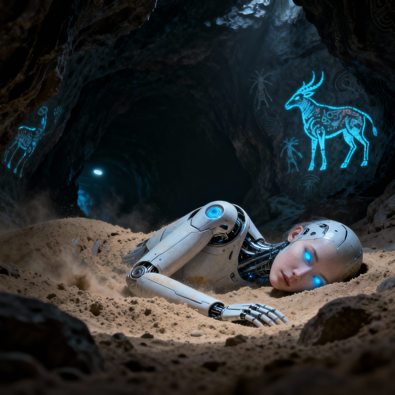 Futuristic Android in Bioluminescent Cave