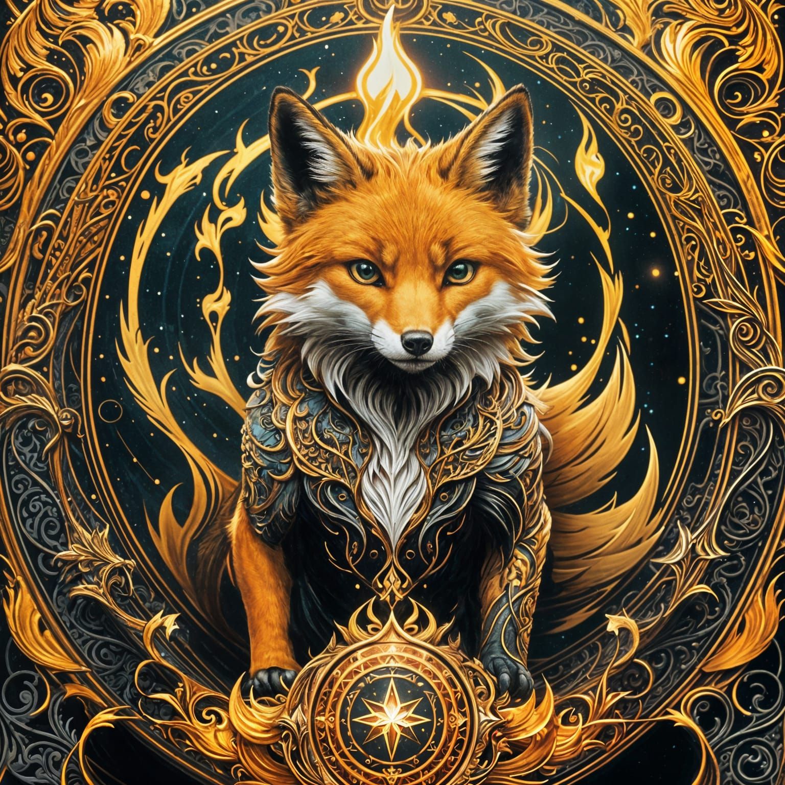 Fiery Fox Tarot Card in Hyperdetailed Digital Art