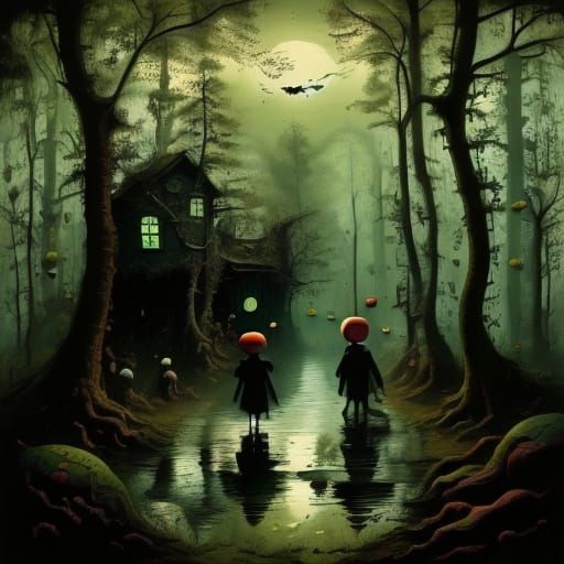 Children Explore a Spooky Forest with Strange Creatures