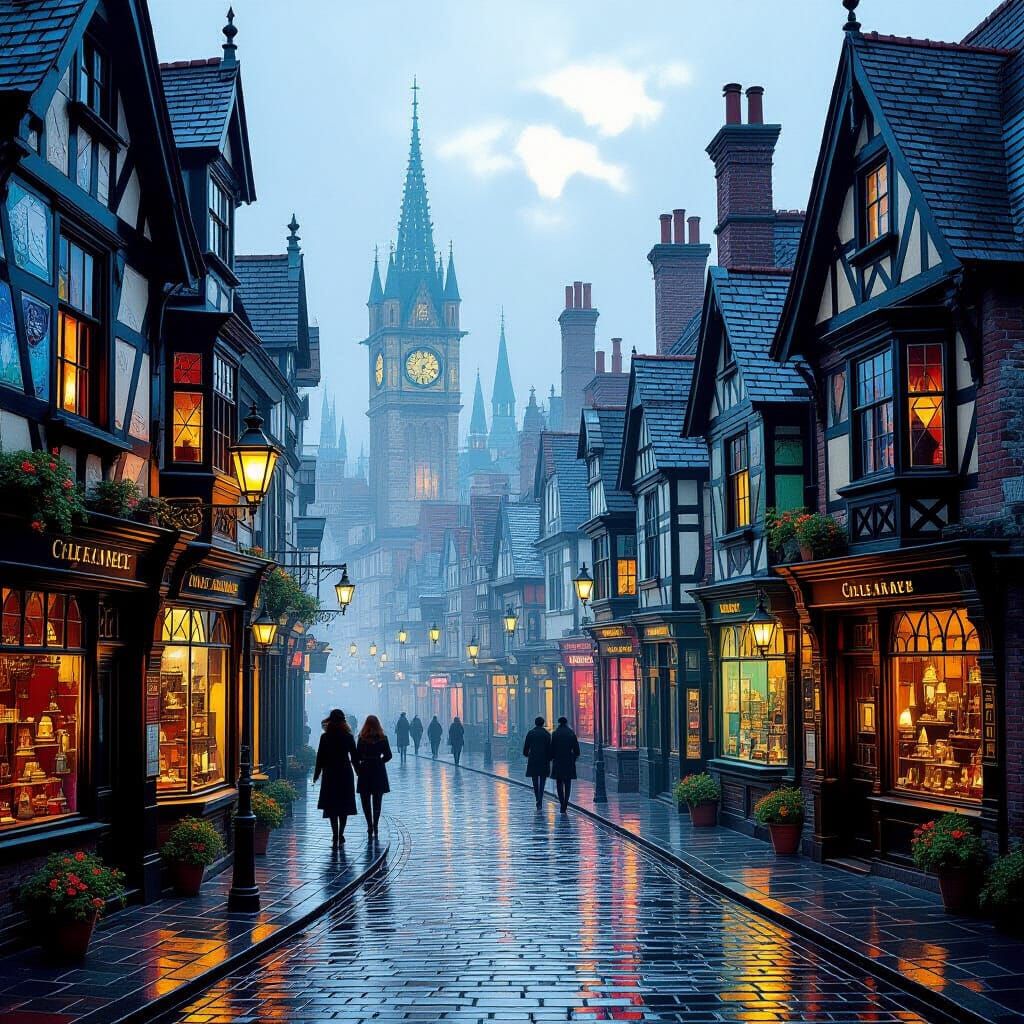 Victorian Sea Glass Cityscape in Impressionist Steampunk Sty...