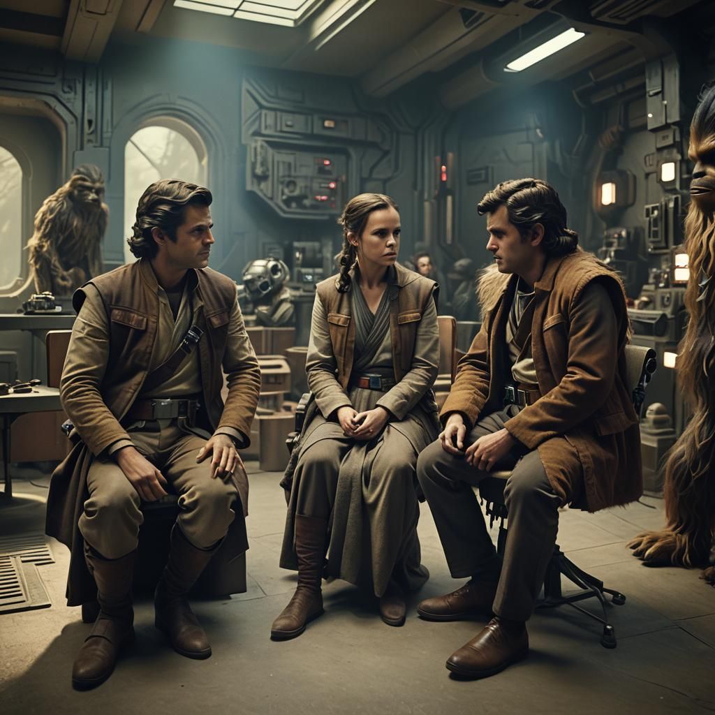 Rey, Poe, and Chewbacca on Yavin 4