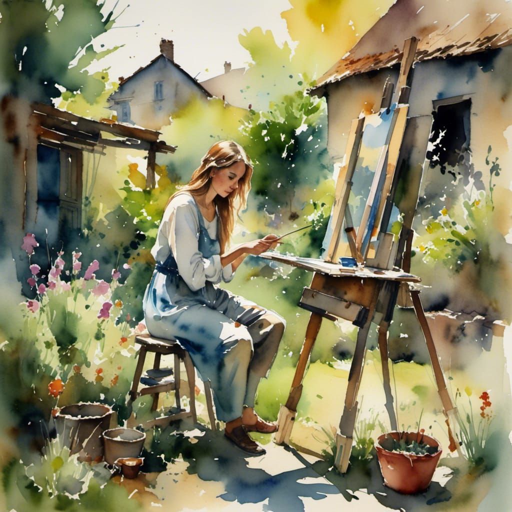 Woman Painting in Sunlit Garden, Watercolor Style