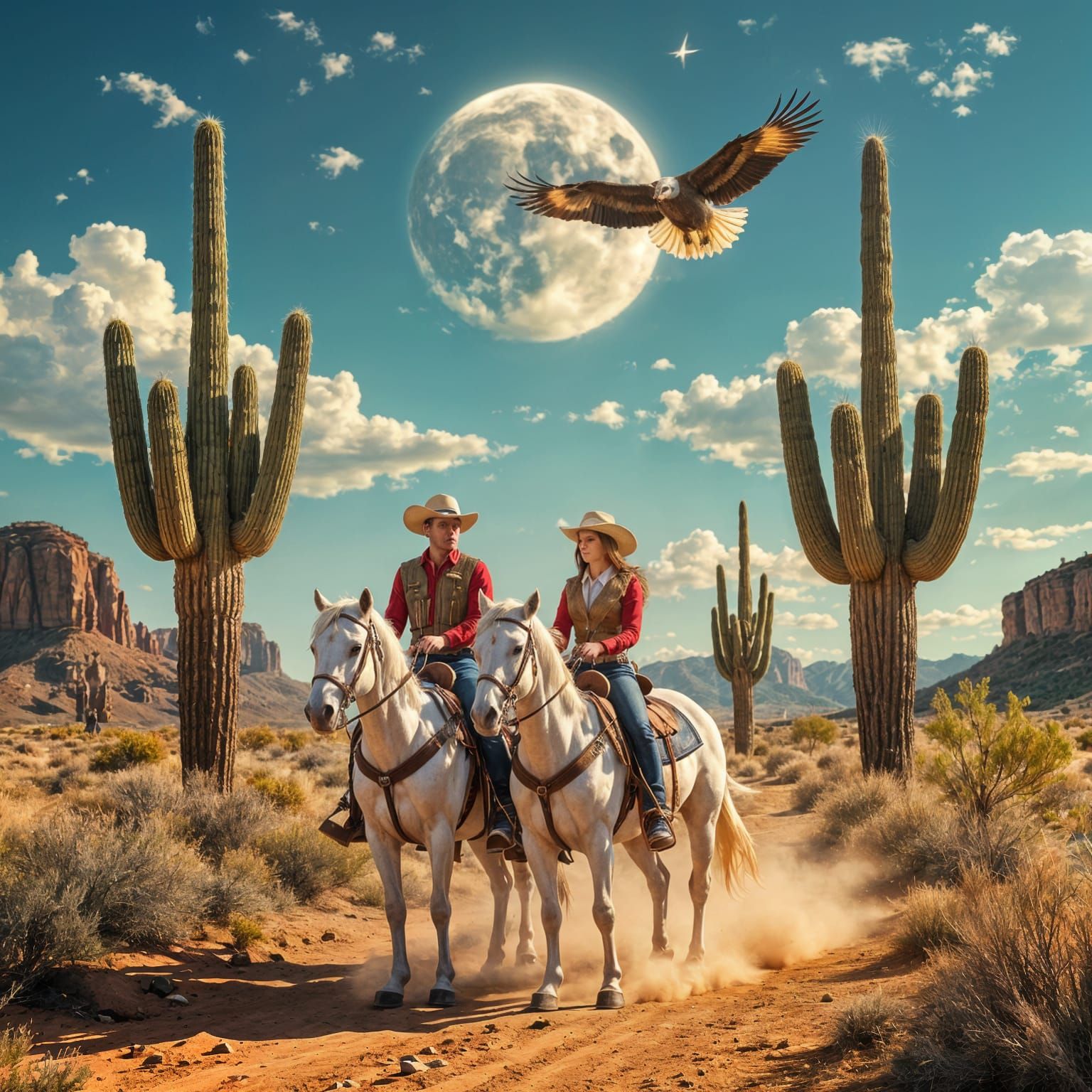 Cowboy Couple Rides White Horse Under Dual Sun and Moon