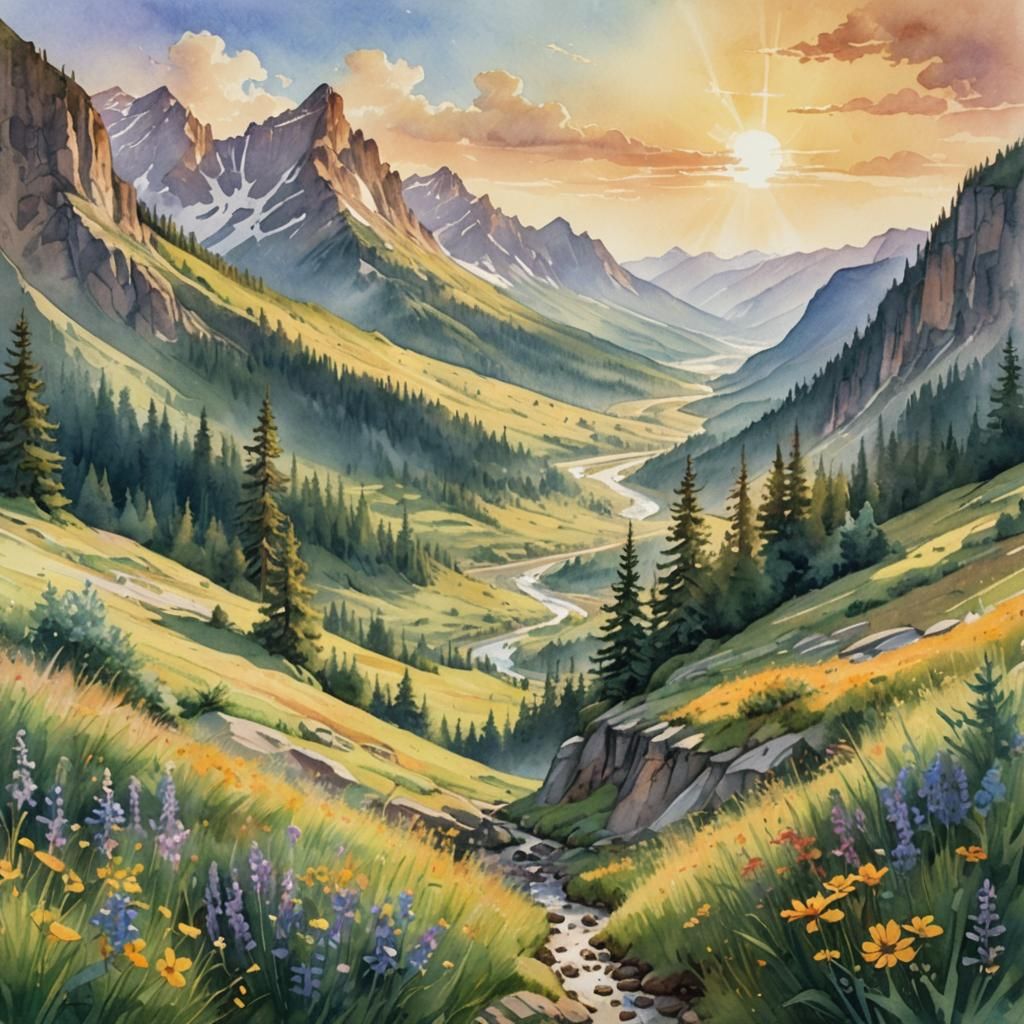 Impressionistic Watercolor, Grassy mountain valley with a lo...