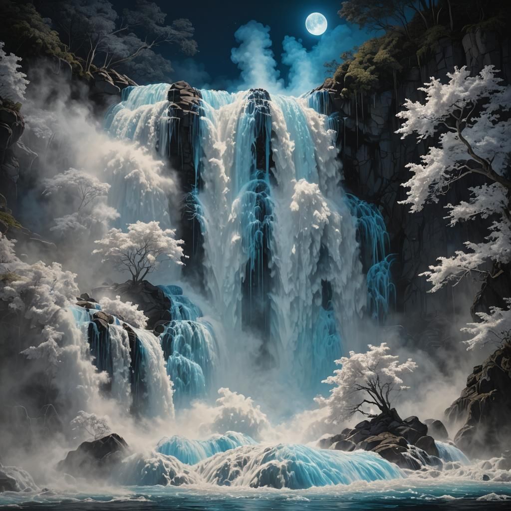 Neon Blue Waterfall Under Moonlight in Splash Art