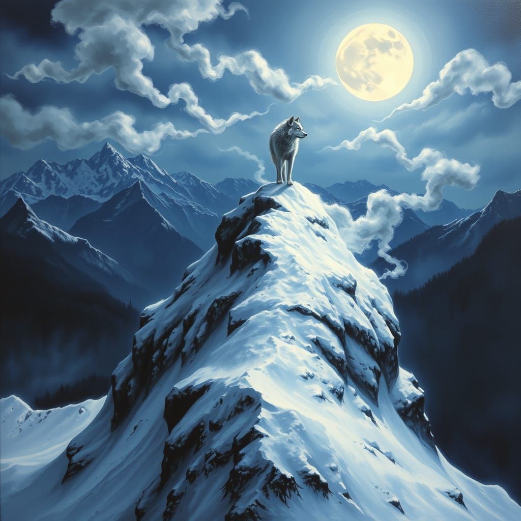 Wolf on Snowy Peak in Surrealist Style