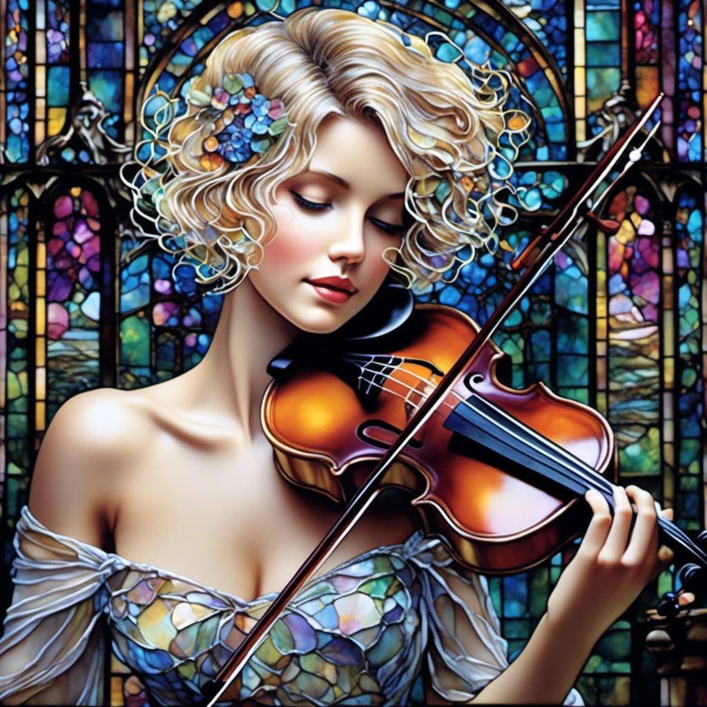 Stained Glass Portrait of Woman Playing Violin