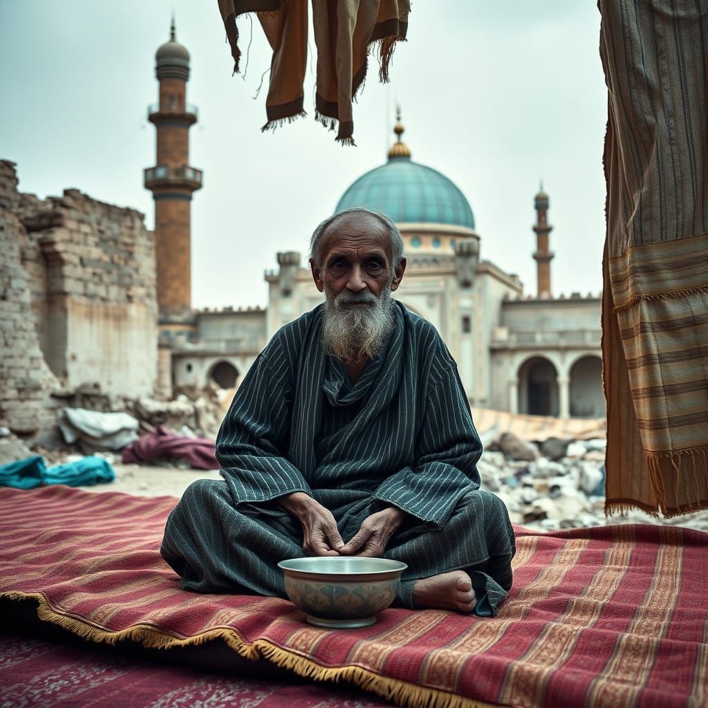 Elderly Dervish in Tattered Robe Beside Dilapidated Mosque