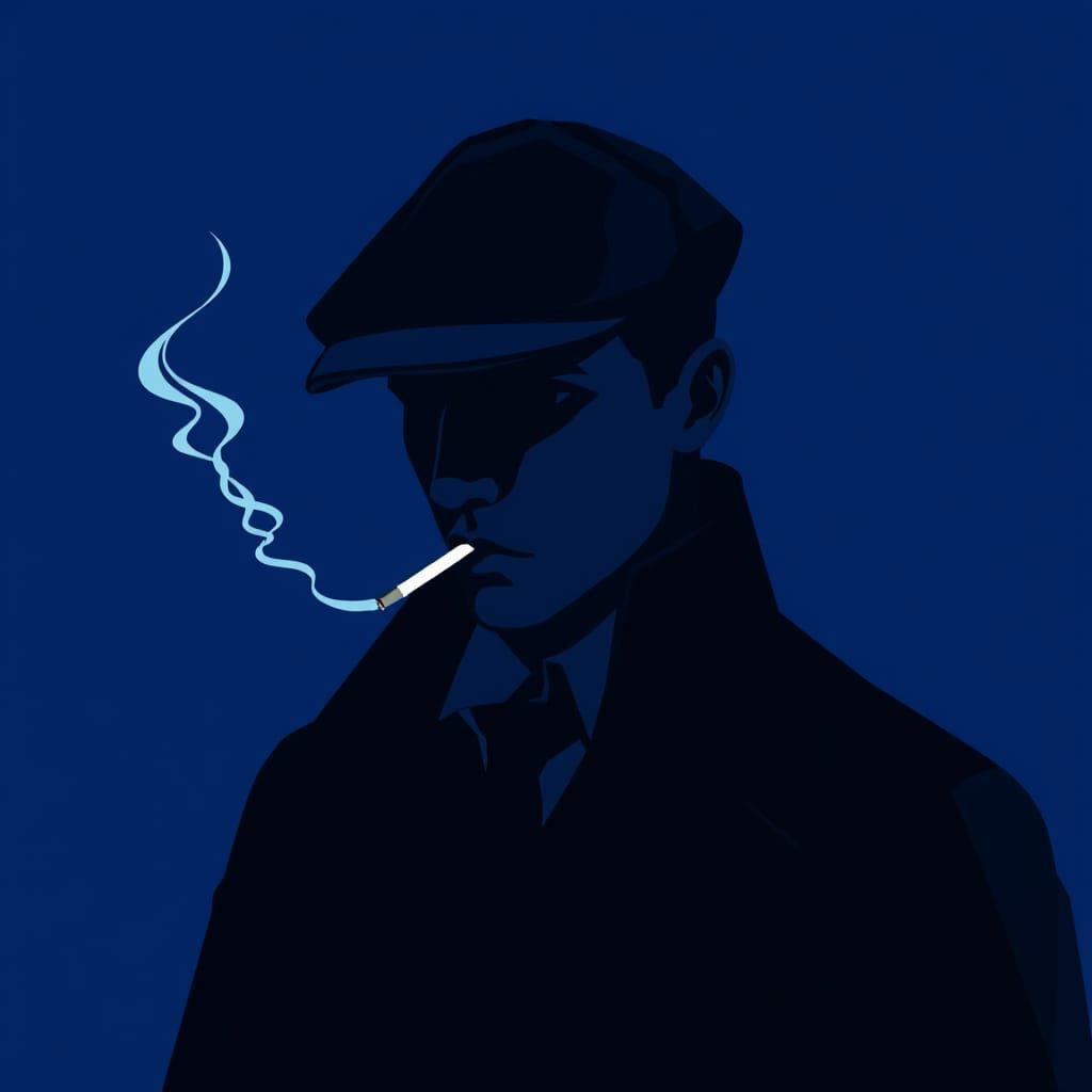 A minimalist, silhouette-style illustration of a man in vintage attire, wearing a flat cap and smoking a cigarette. The ...