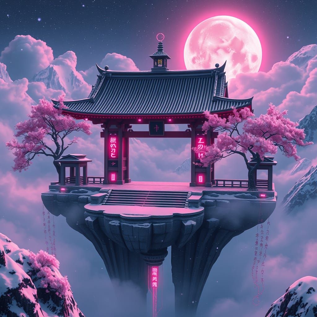 Surreal Winter Shrine in Cyberpunk Style