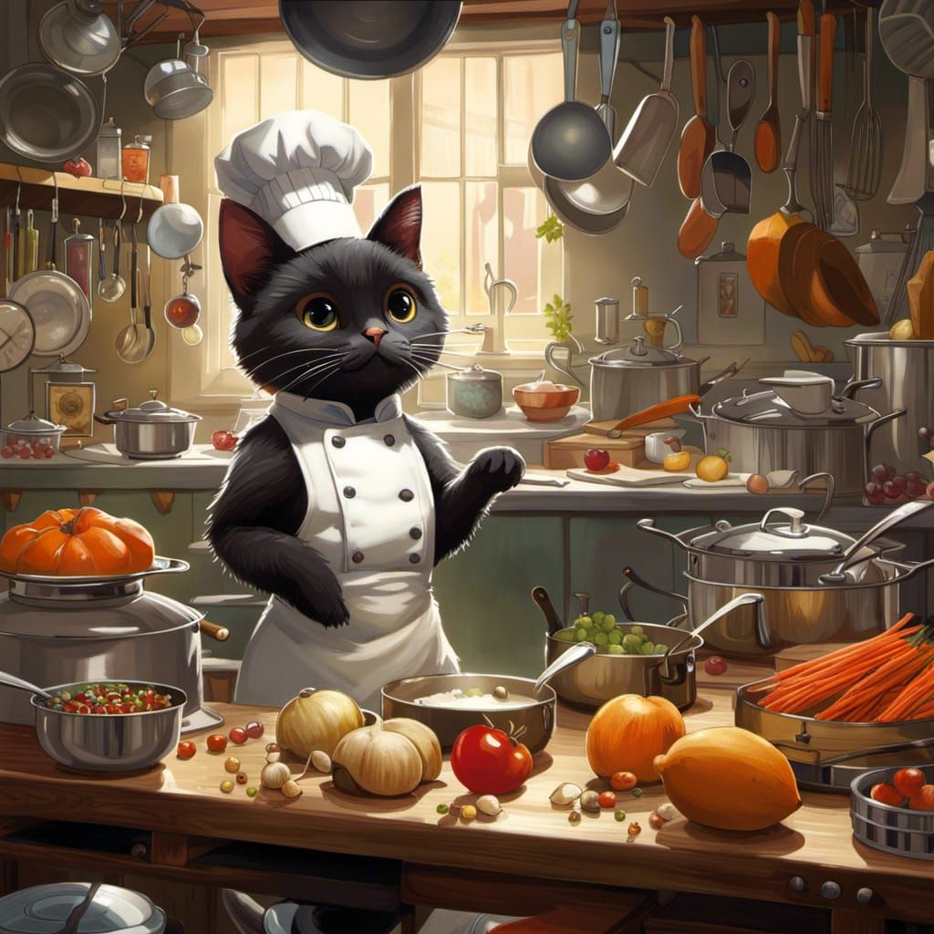 Anthropomorphic Cat Chef in Anime Style Kitchen