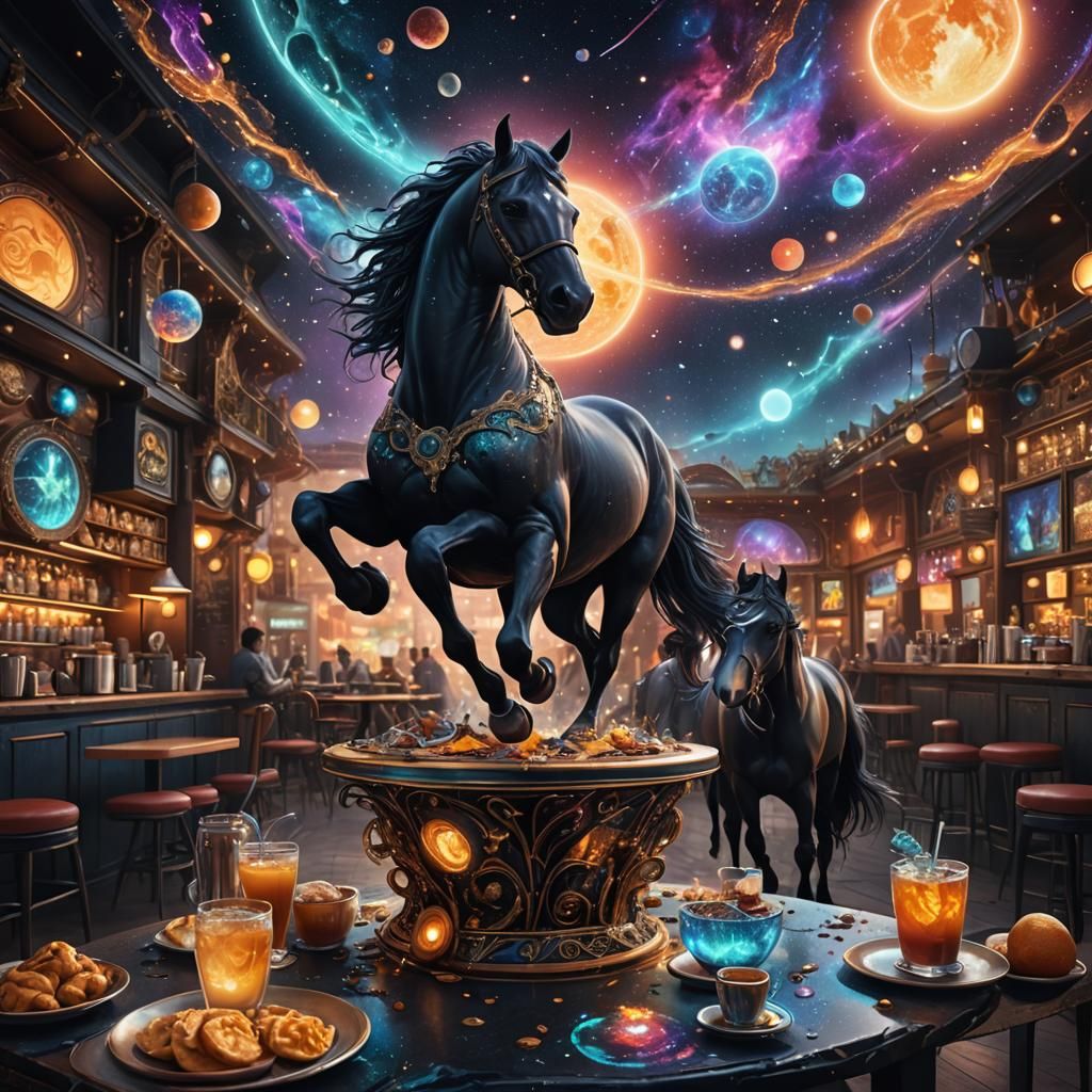 Cosmic Black Horse Cafe: Holographic Astral Illustration