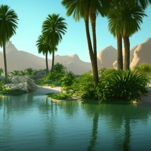 Hyperrealistic Desert Oasis with Volumetric Lighting