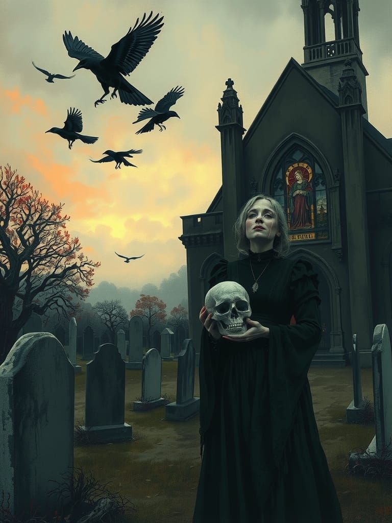 Gothic Mourning: Woman with Skull in Graveyard
