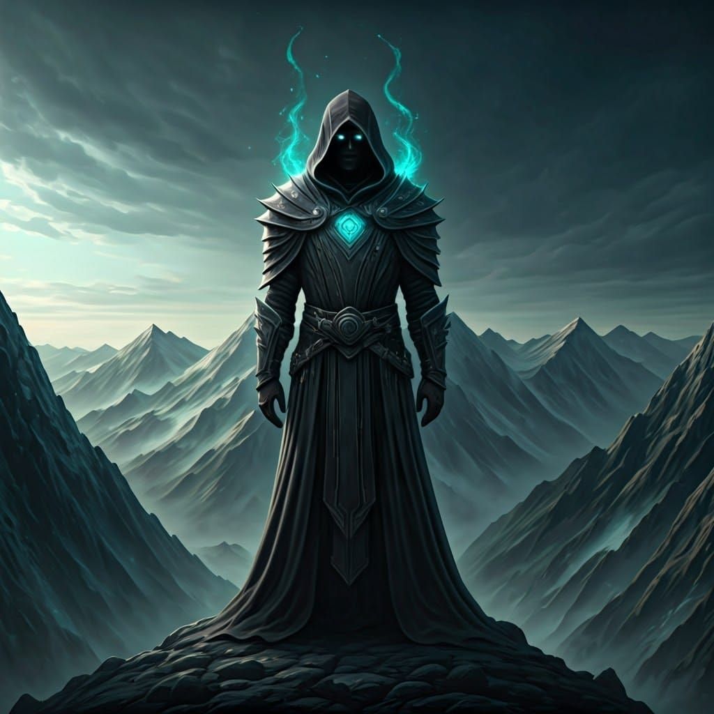 Dark hooded mage, blue green aura, standing alone on a majes...