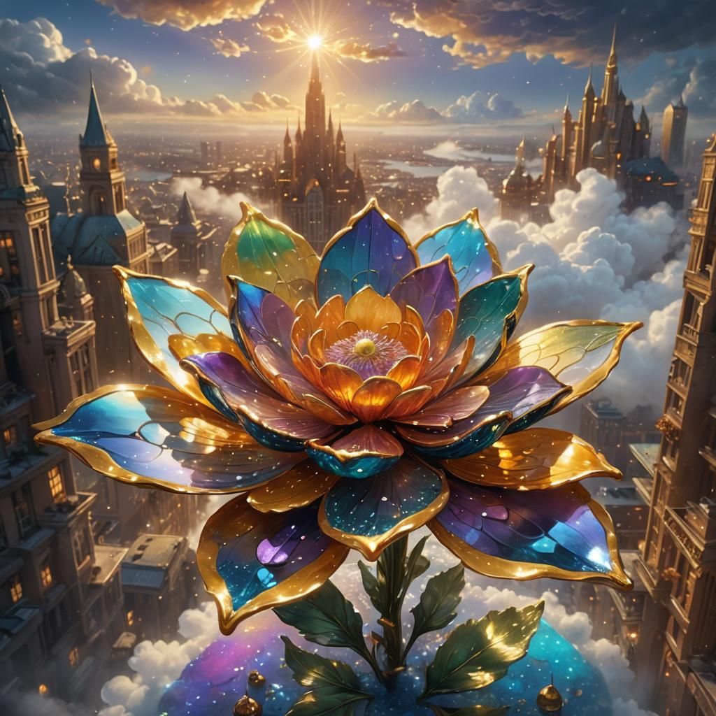Enameled Glass Flower Above Golden City
