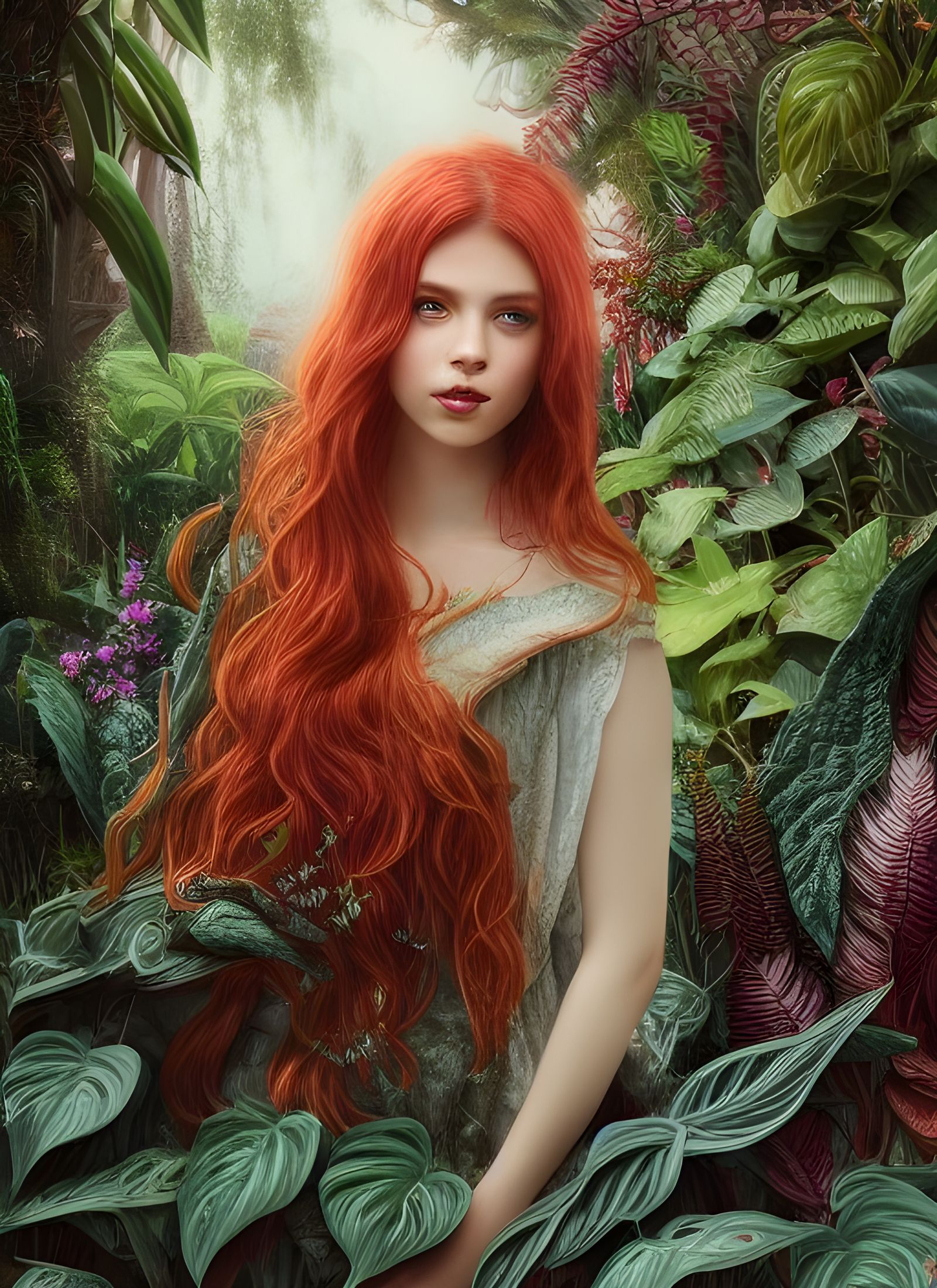 Ethereal Red-Haired Gardener in Ornate Jungle