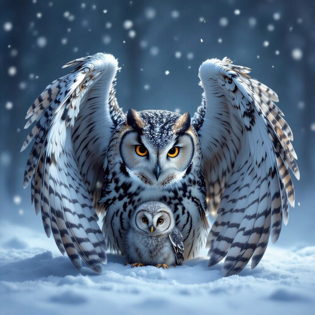Mother Owl Protects Baby Owl in Gentle Snowfall