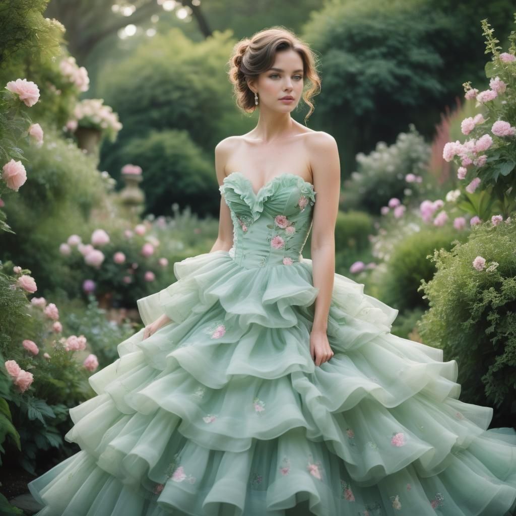 Elegant Mint Green Gown with Floral Appliqués