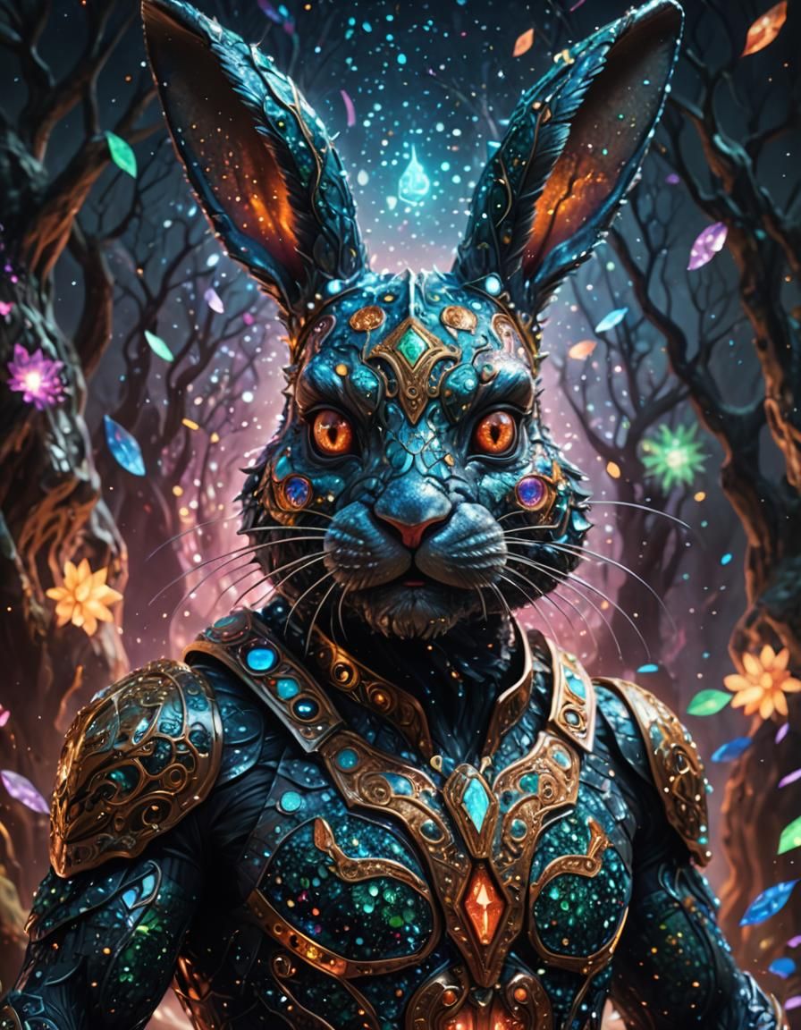 Intimidating Glittered Bunny-Man in Cosmic Astral Style