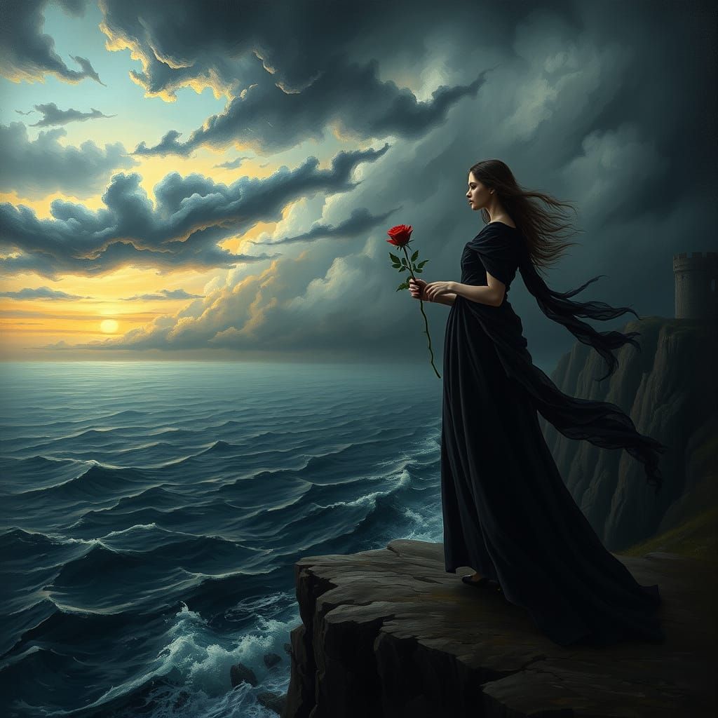 Gothic Woman on Windswept Cliff with Wilting Rose