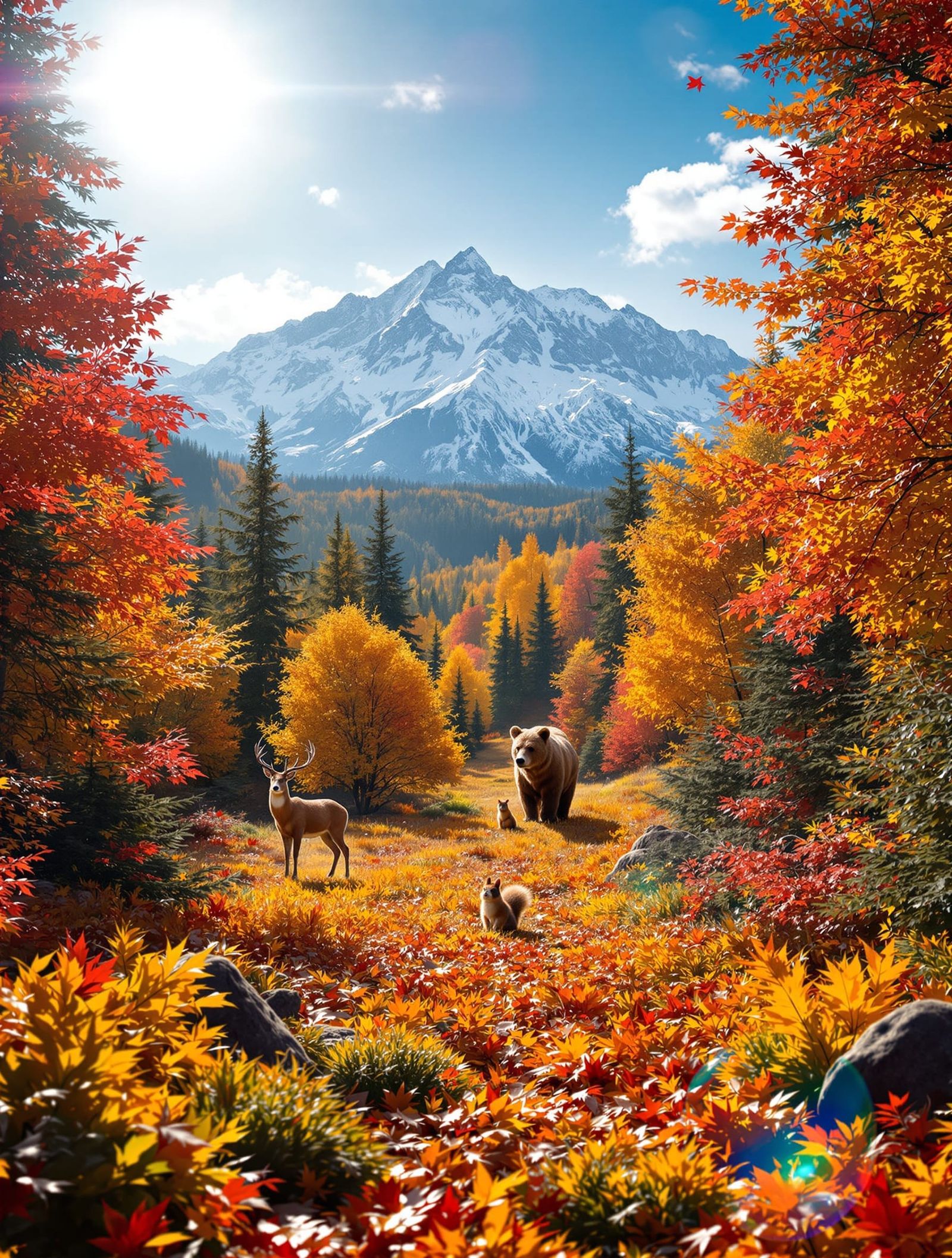 Vibrant Autumn Forest Scene with Wildlife and Mountains