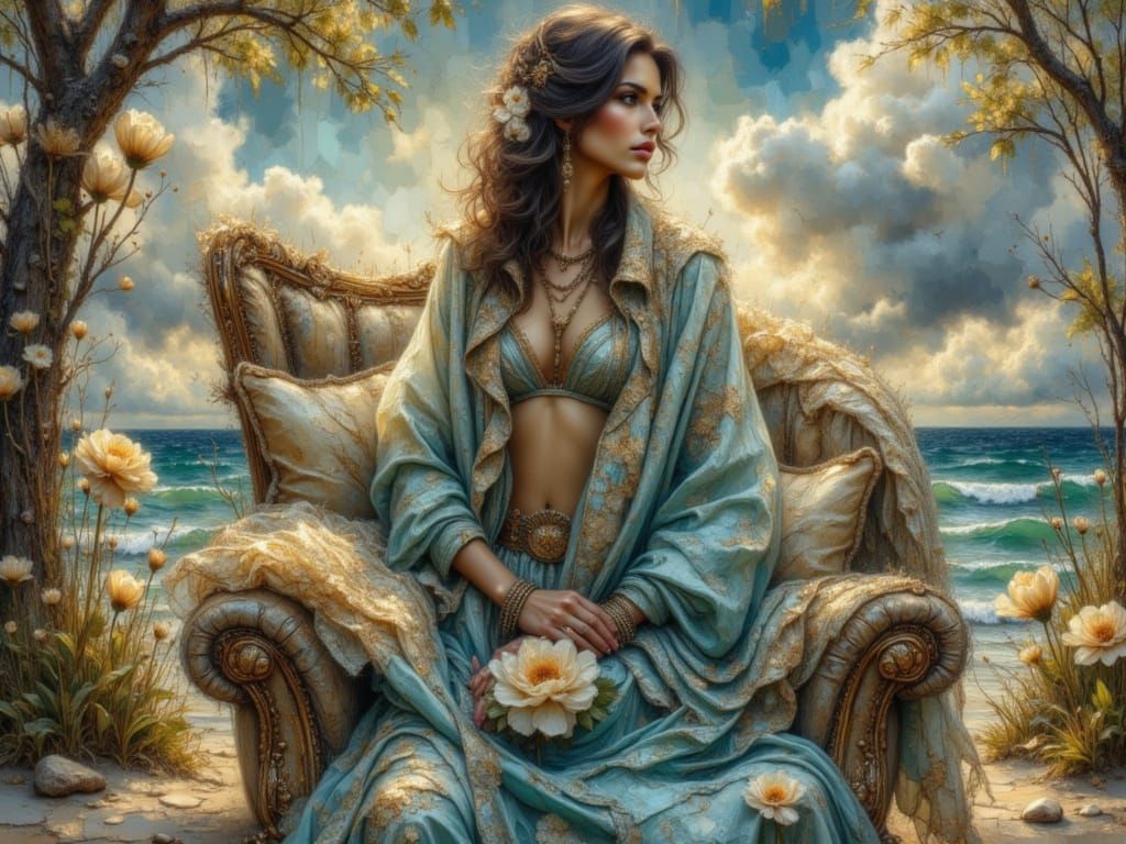 Mysterious Woman in Armchair with Cosmic Sky