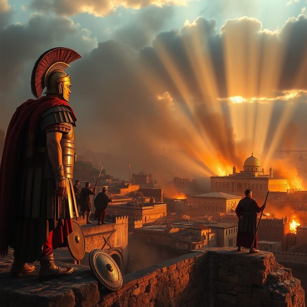 Siege of Jerusalem: Roman Legionnaire Amidst Burning Temple
