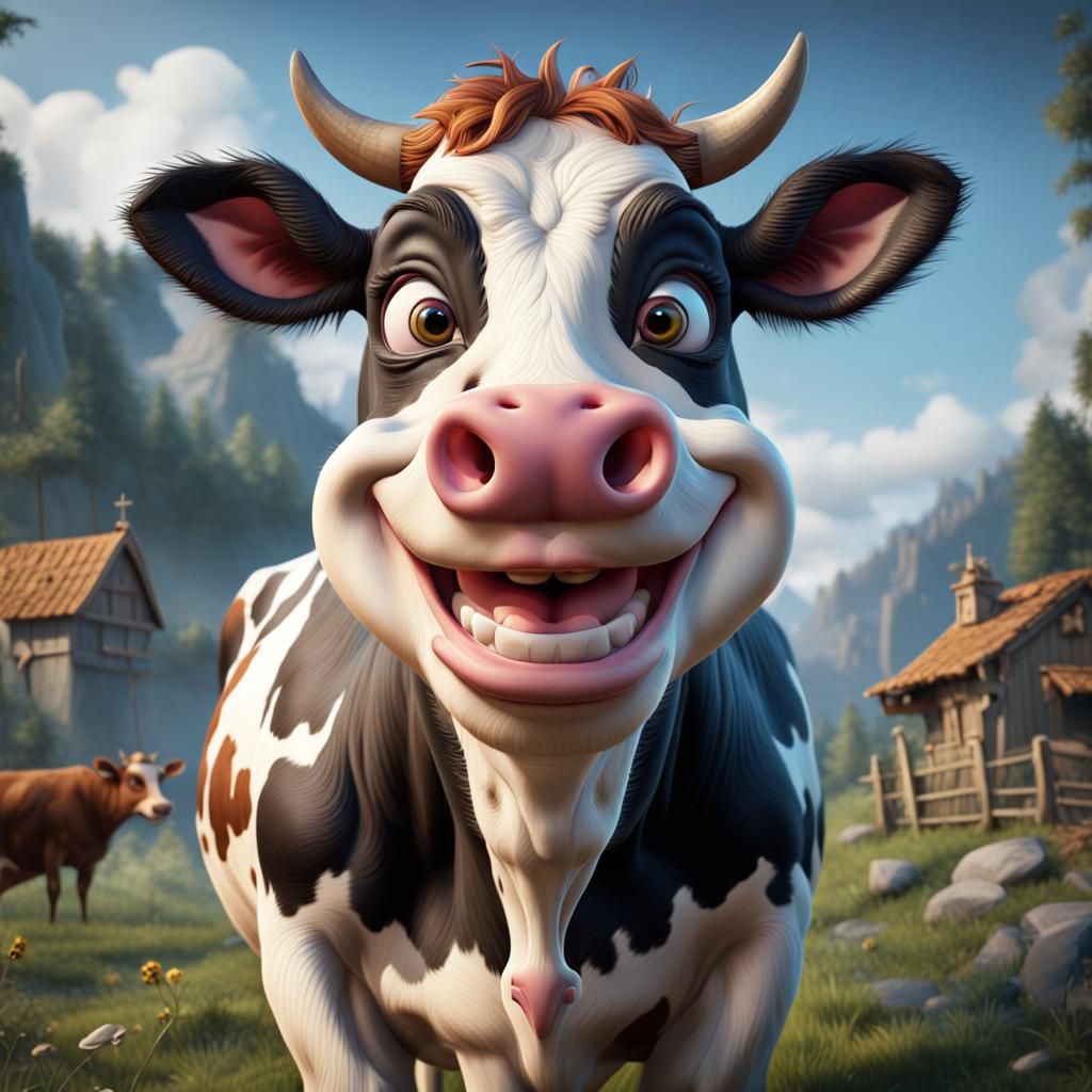 Smiling Cow in Detailed Fantasy Art Style
