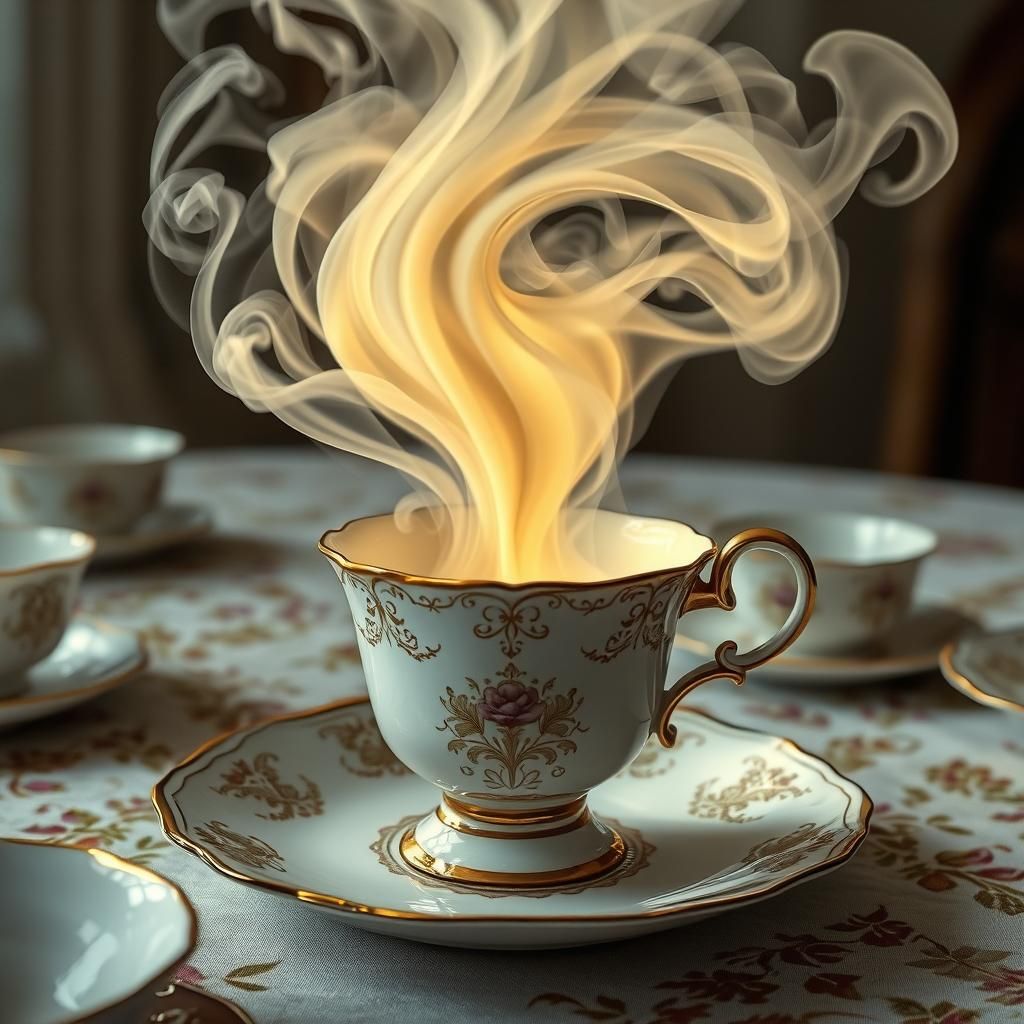 Tornado of Steam in Teacup, Hyperrealistic Style