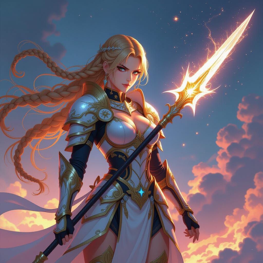 Valkyrie Descending with Glowing Spear in Dark Fantasy Style