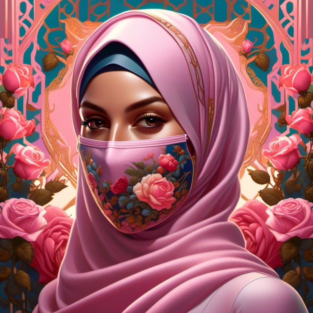 Woman in Hijab and Mask: Detailed Oil Painting