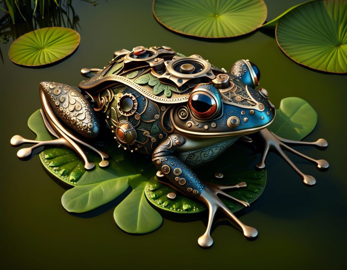 Hyperdetailed Steampunk Frog on Lilypad in 8K