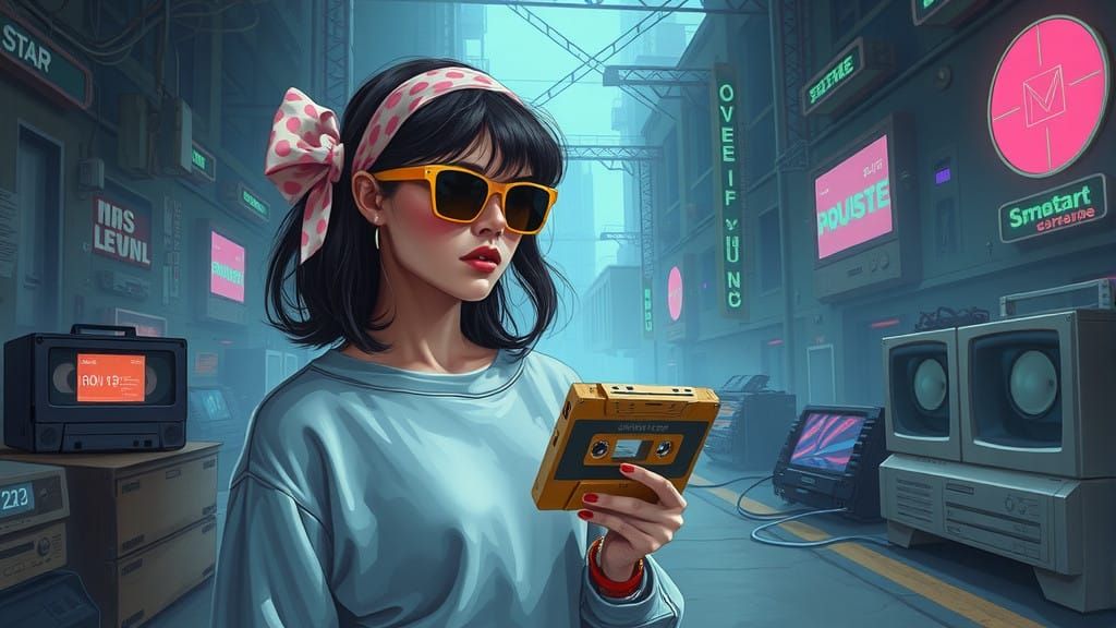 Vaporwave Woman in Retro-Futuristic Cityscape