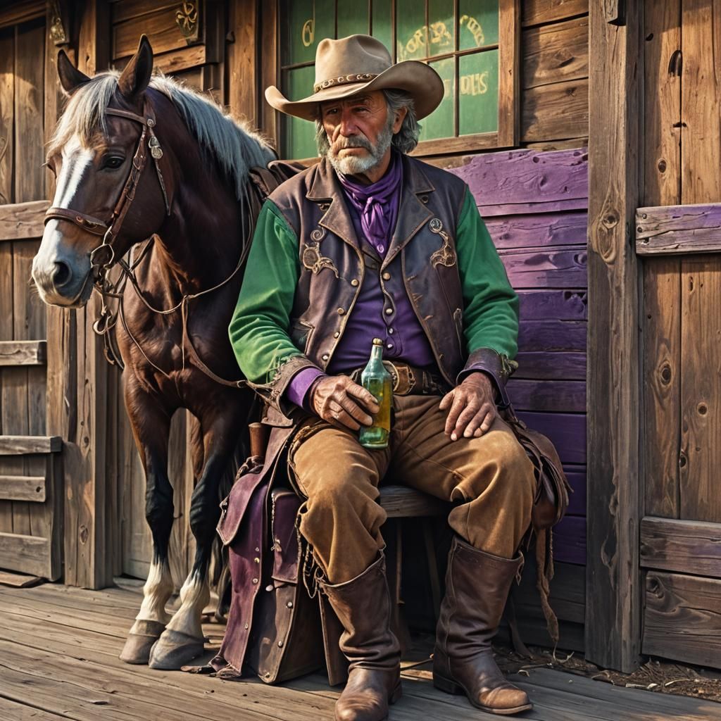 Grizzled Cowboy and Horse in Fantasy Art Style