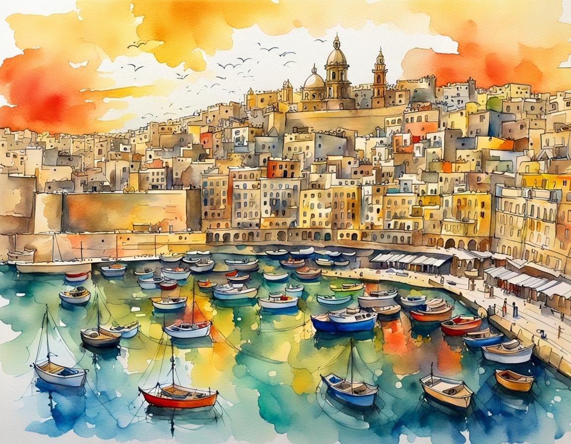 Valletta Grand Harbor in Watercolor Style
