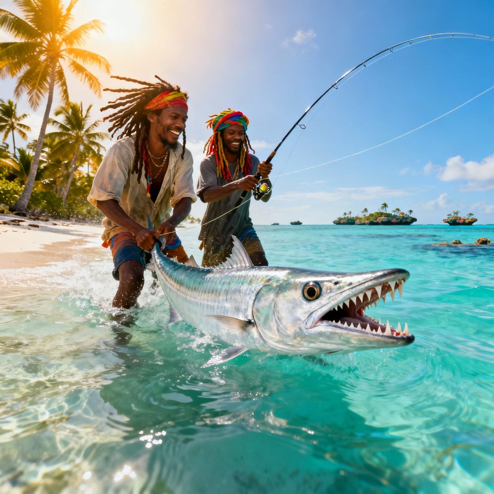 Rasta Fishermen Catch Barracuda in Caribbean Lagoon