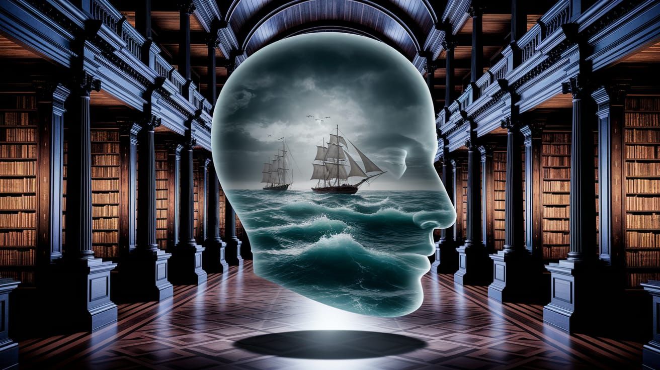 Giant Marble Head with Stormy Sea in Classical Library
