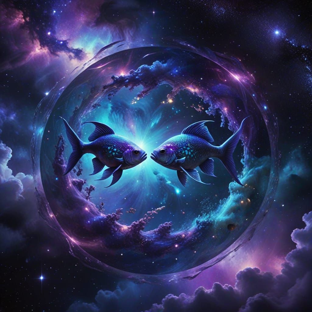 Two fish swimming in a circle, following each other, cosmic ...