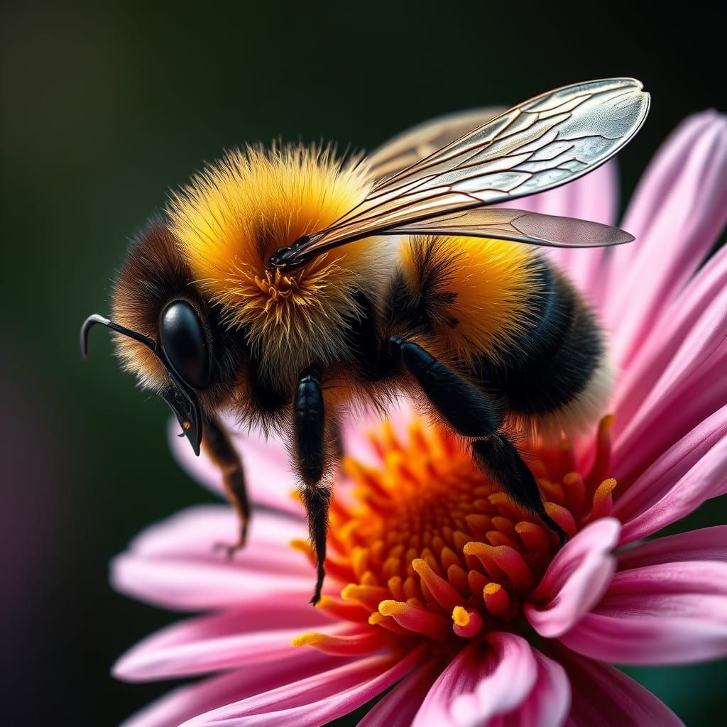 Surreal Big Fluffy Bumblebee Collects Pollen in Vibrant Colo...