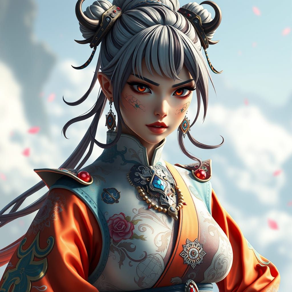 Anime-Inspired Woman with Intricate Clothing in 3D Rendering