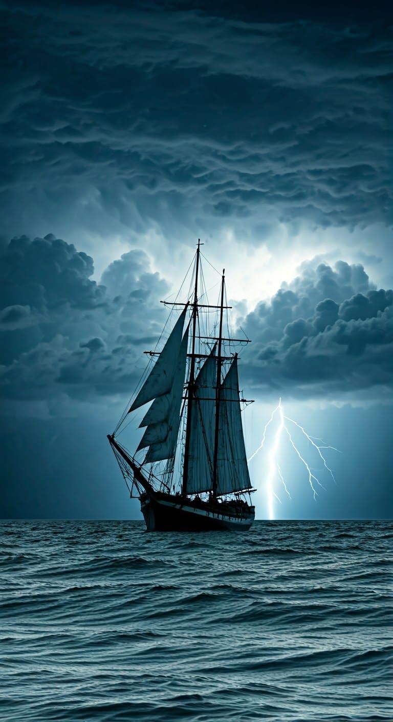 Sailboat Silhouetted in Tempestuous Storm