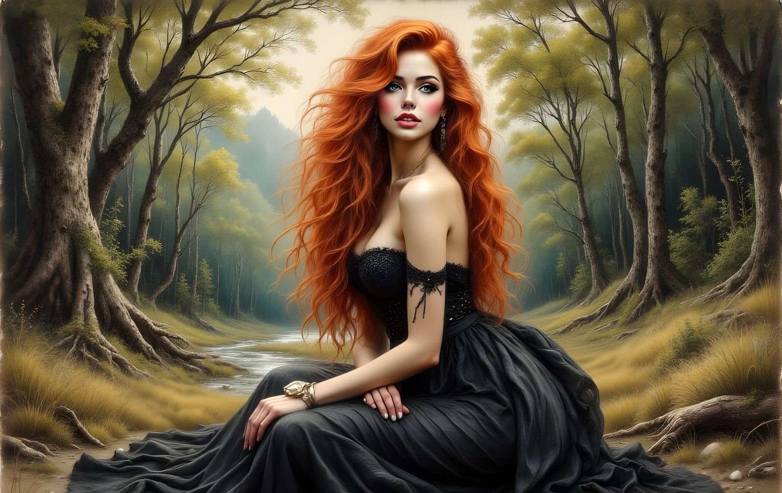 Norse Goddess in Vintage Charcoal Sketch Style