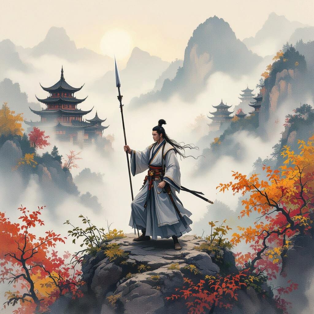 Chinese Martial Artist on Misty Mountain in Expressive Style
