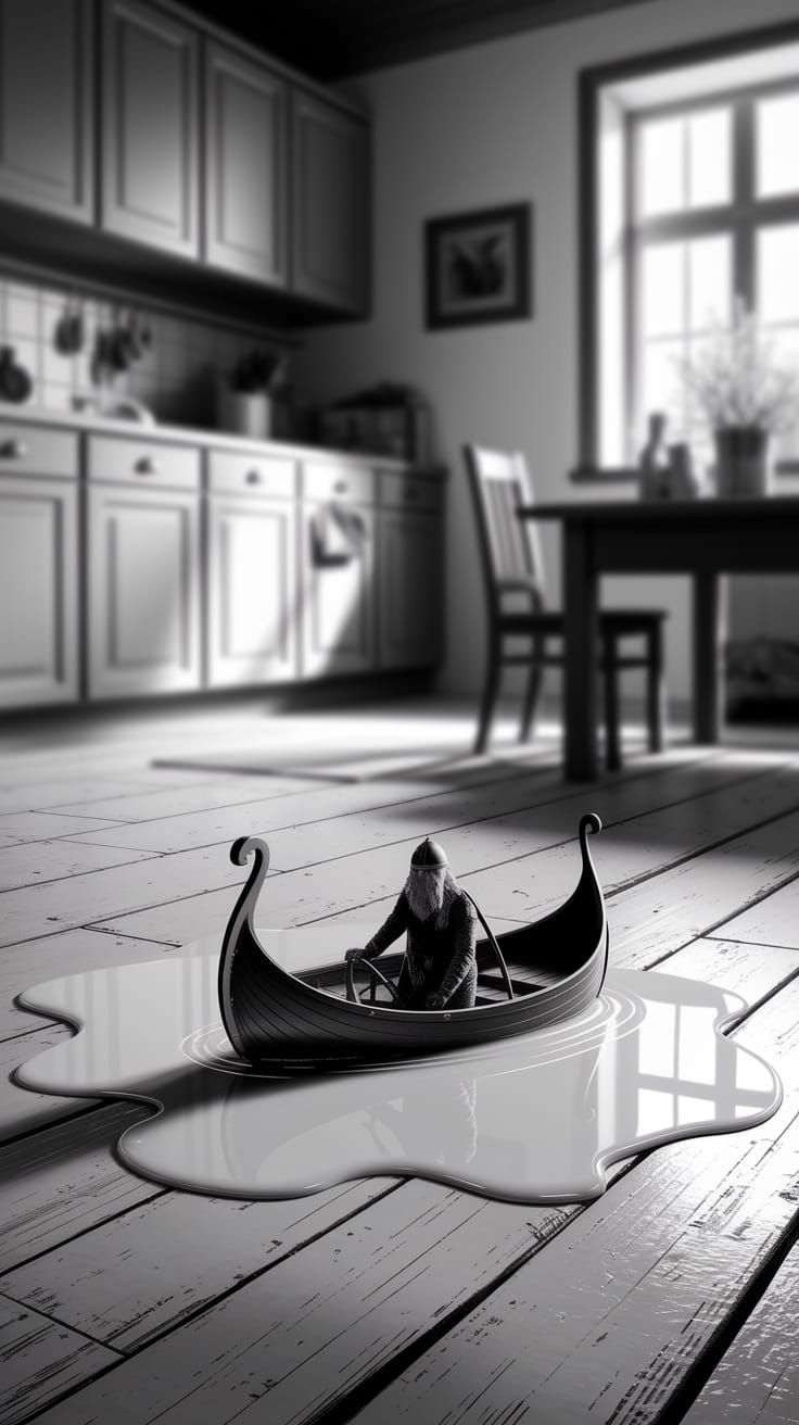 Ethereal Monochromatic Scene of Viking Boat in Spilled Milk