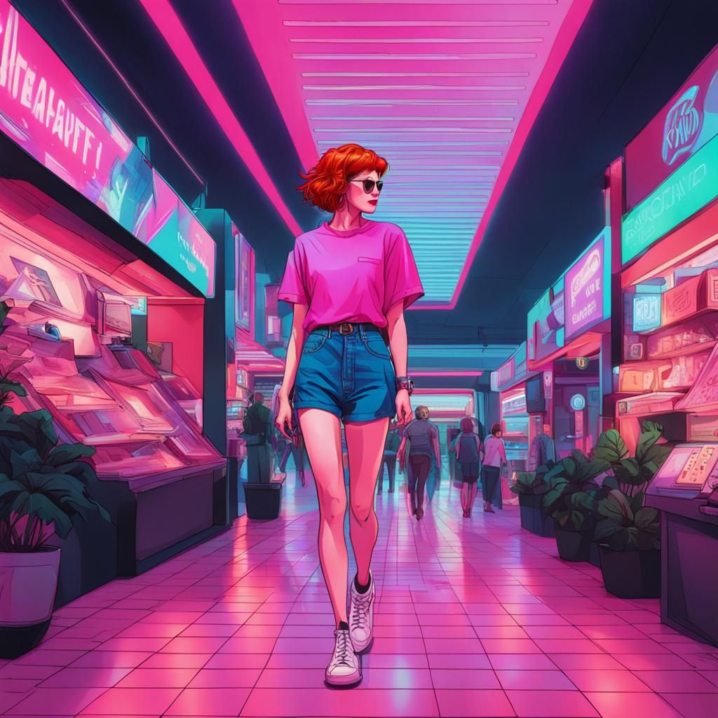 Redhead Girl Walking Barefoot in Synthwave Mall