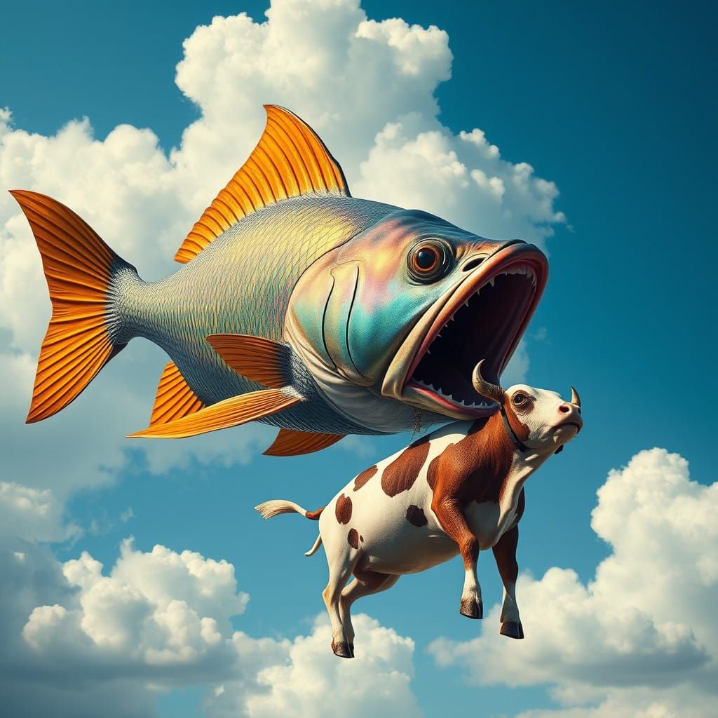 Surrealist Fish Devours a Suspended Cow in a Vibrant, Dreaml...