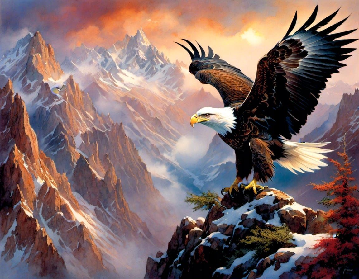 Bald Eagle in Magical Mountains, Watercolor Style