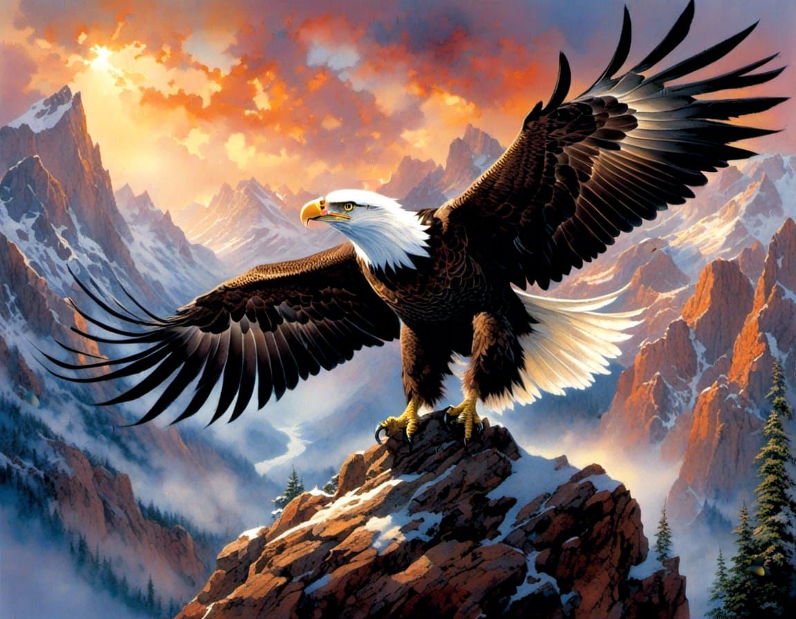 Bald Eagle in Magical Mountains: Watercolor Fantasy