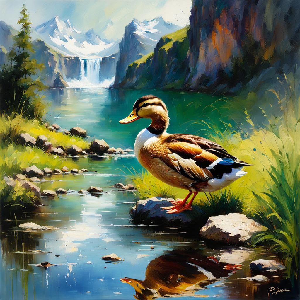Cute Duck by River: Detailed Matte Oil Painting